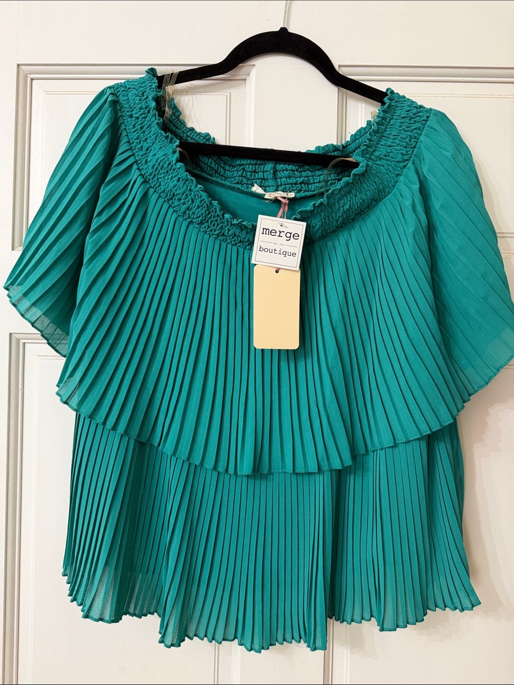 entro Teal Pleated Off-Shoulder Layered Blouse